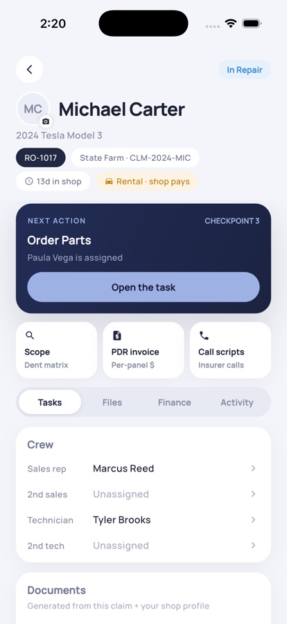 Dent Shop Manager on iPhone: the same claim